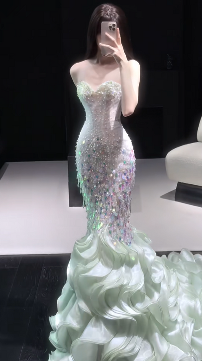 Chic Mint Green Long Prom Dresses Strapless Mermaid Evening Dresses Sequins Tulle Sleeveless Birthday Dresses ED06117