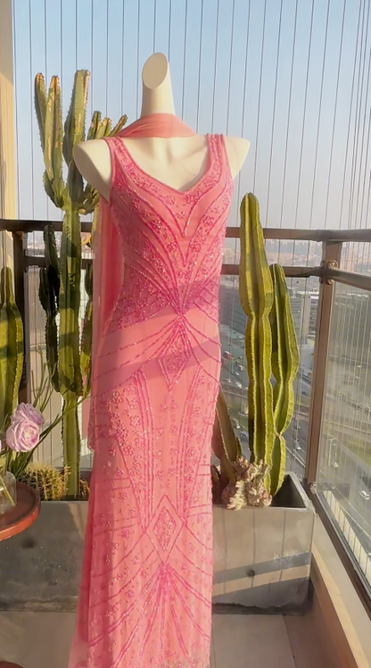 Chic Watermelon Long Prom Dresses V-neck Sheath Evening Dresses Beaded Chiffon Sleeveless Birthday Dresses ED06118