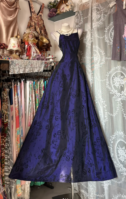 Chic Navy Blue Long Prom Dresses Spaghetti Straps A-Line Evening Dresses Satin Sleeveless Birthday Dresses ED06119