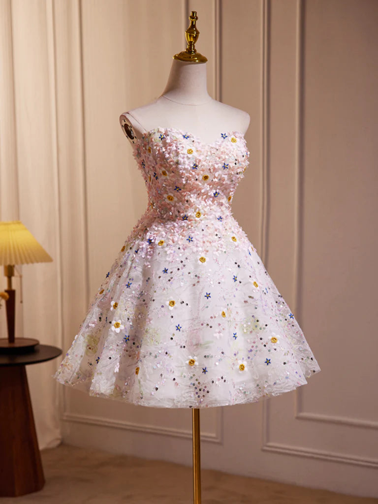 A-Line Cute Sweetheart Neck Flower Short Prom Dress, Flower Sequin Homecoming Dress ED0612