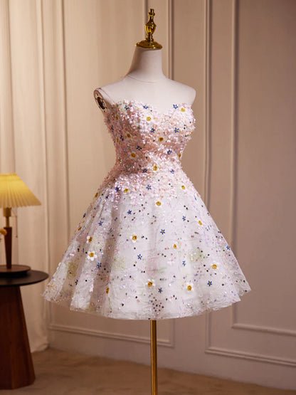 A-Line Cute Sweetheart Neck Flower Short Prom Dress, Flower Sequin Homecoming Dress ED0612