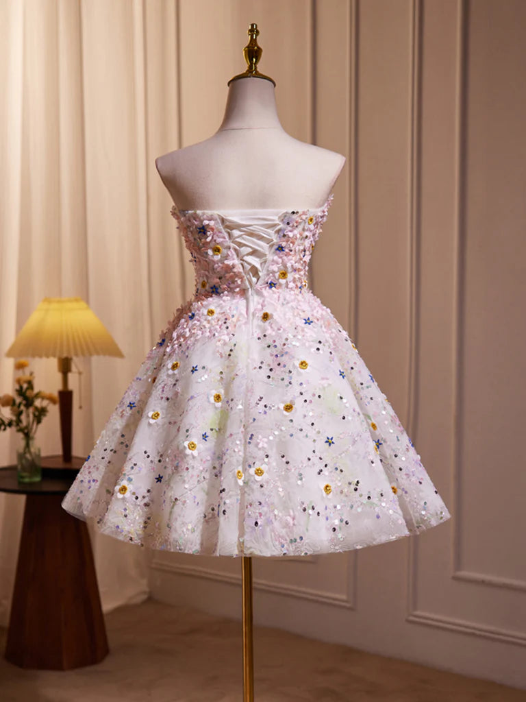 A-Line Cute Sweetheart Neck Flower Short Prom Dress, Flower Sequin Homecoming Dress ED0612