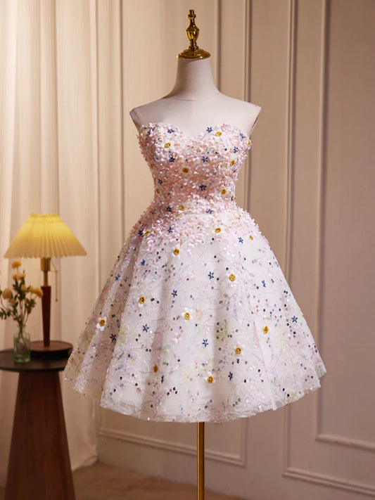 A-Line Cute Sweetheart Neck Flower Short Prom Dress, Flower Sequin Homecoming Dress ED0612
