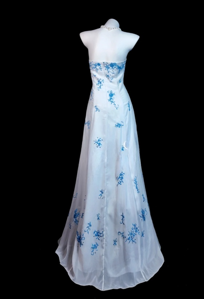 Chic White Long Prom Dresses Strapless A-Line Evening Dresses Embroidery Chiffon Sleeveless Birthday Dresses ED06121