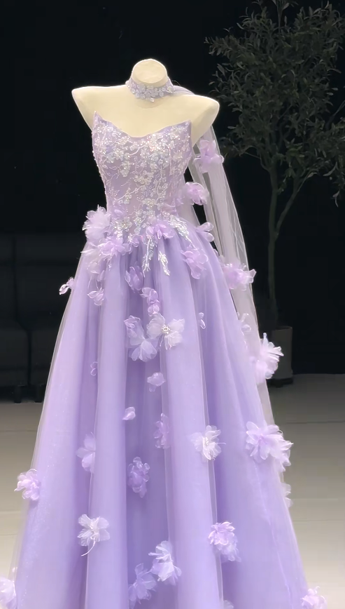 Fairy Lilac Long Prom Dresses Strapless A-Line Evening Dresses Applique Beaded Tulle Sleeveless Birthday Dresses ED06122