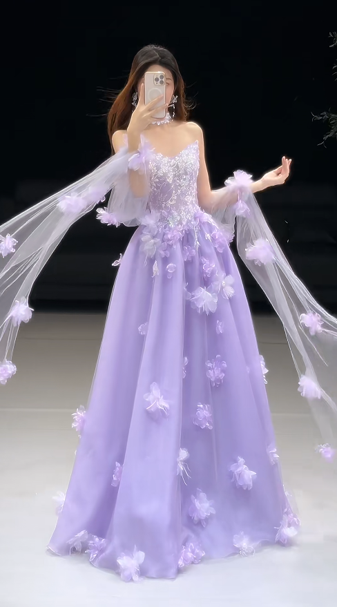 Fairy Lilac Long Prom Dresses Strapless A-Line Evening Dresses Applique Beaded Tulle Sleeveless Birthday Dresses ED06122