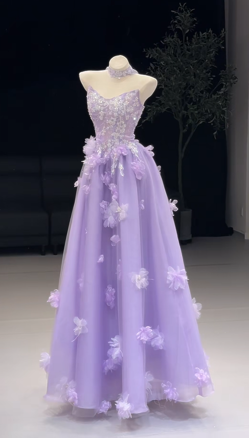 Fairy Lilac Long Prom Dresses Strapless A-Line Evening Dresses Applique Beaded Tulle Sleeveless Birthday Dresses ED06122