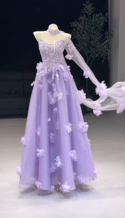 Fairy Lilac Long Prom Dresses Strapless A-Line Evening Dresses Applique Beaded Tulle Sleeveless Birthday Dresses ED06122