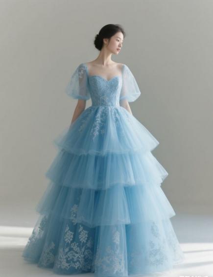 Chic Blue Long Prom Dresses Square A-Line Evening Dresses Tulle Short Sleeves Birthday Dresses ED06123
