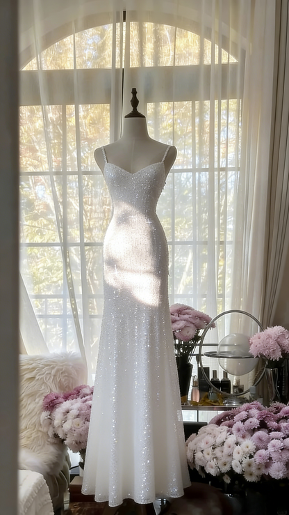 Chic Pink Long Prom Dresses Spaghetti Straps Sheath Evening Dresses Sequins Tulle Sleeveless Party Dresses ED06124