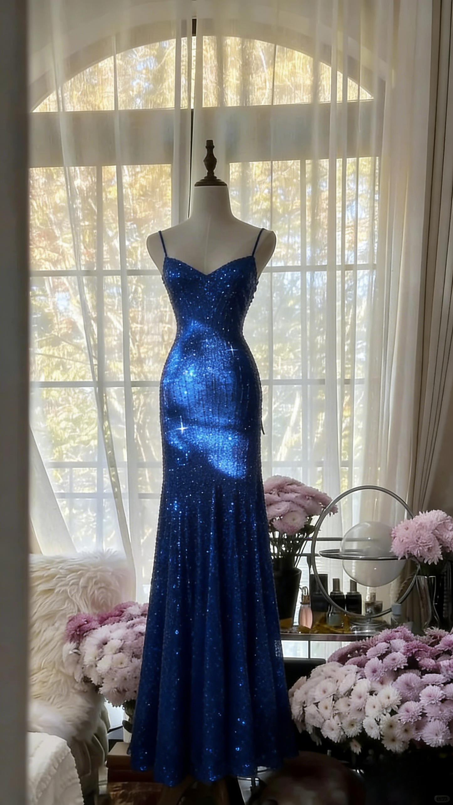 Chic Pink Long Prom Dresses Spaghetti Straps Sheath Evening Dresses Sequins Tulle Sleeveless Party Dresses ED06124