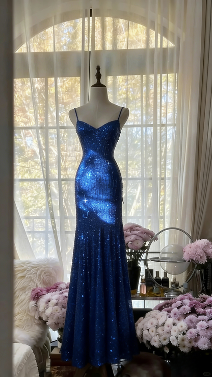 Chic Pink Long Prom Dresses Spaghetti Straps Sheath Evening Dresses Sequins Tulle Sleeveless Party Dresses ED06124