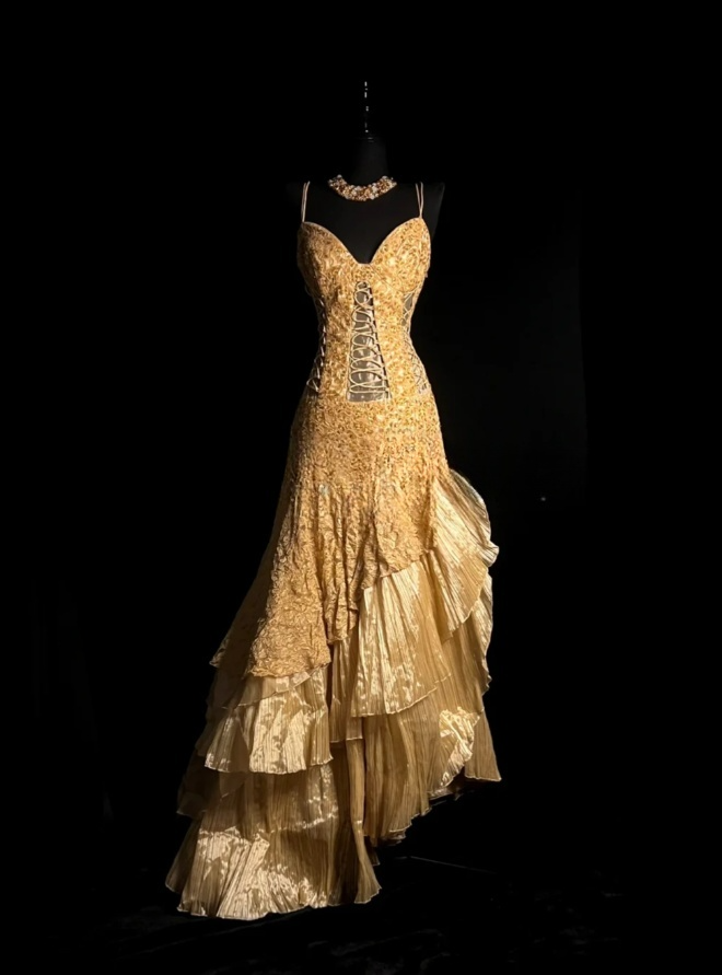 Chic Gold Long Prom Dresses Spaghetti Straps A-Line Evening Dresses Applique Lace Sleeveless Party Dresses ED06126