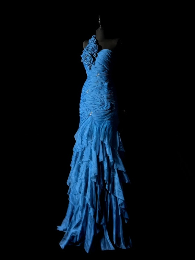 Chic Blue Long Prom Dresses One-shoulder Sheath Evening Dresses Tulle Sleeveless Party Dresses ED06127