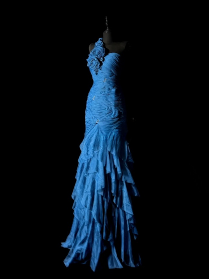 Robes d'anniversaire élégantes bleu dégradé, col en V, paillettes, mousseline, fourreau, robes de bal, robes de soirée ED04456
