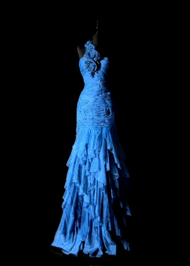 Chic Blue Long Prom Dresses One-shoulder Sheath Evening Dresses Tulle Sleeveless Party Dresses ED06127