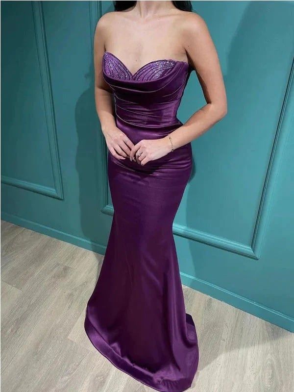 Chic Purple Long Prom Dresses Sweetheart Mermaid Evening Dresses Satin Sleeveless Party Dresses ED06129