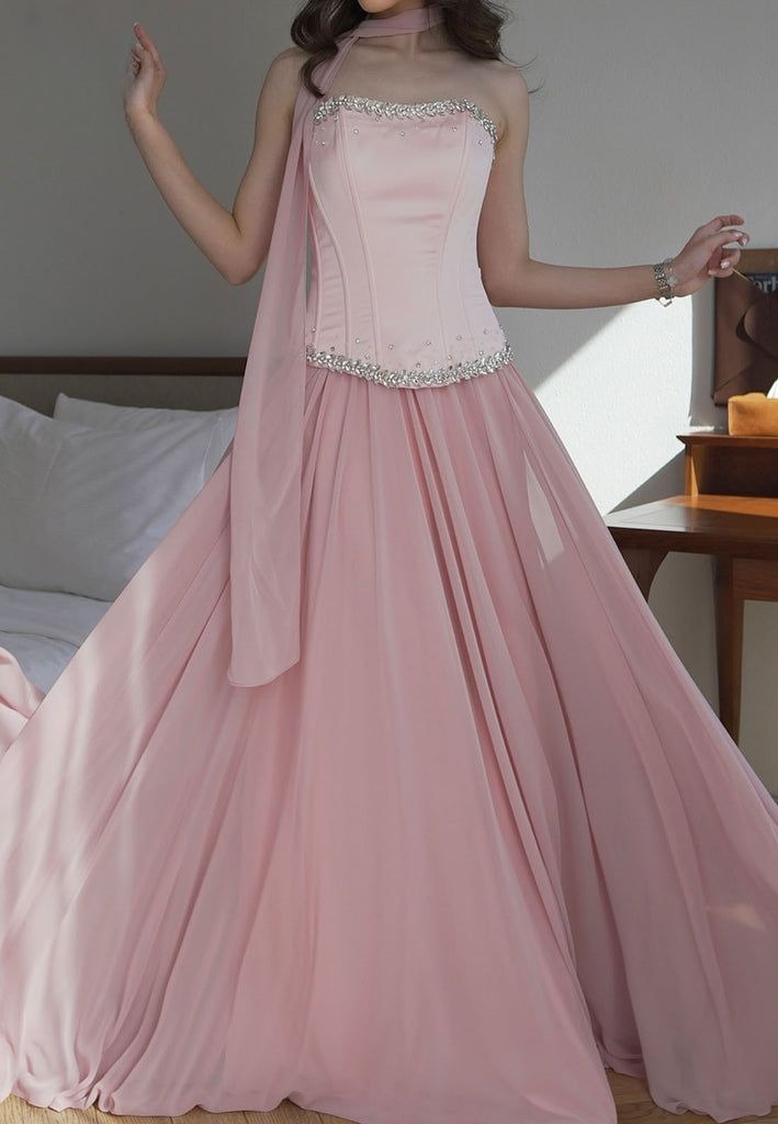 Chic Pink Long Prom Dresses Strapless Sheath Evening Dresses Chiffon Sleeveless Bridesmaid Dresses ED06130