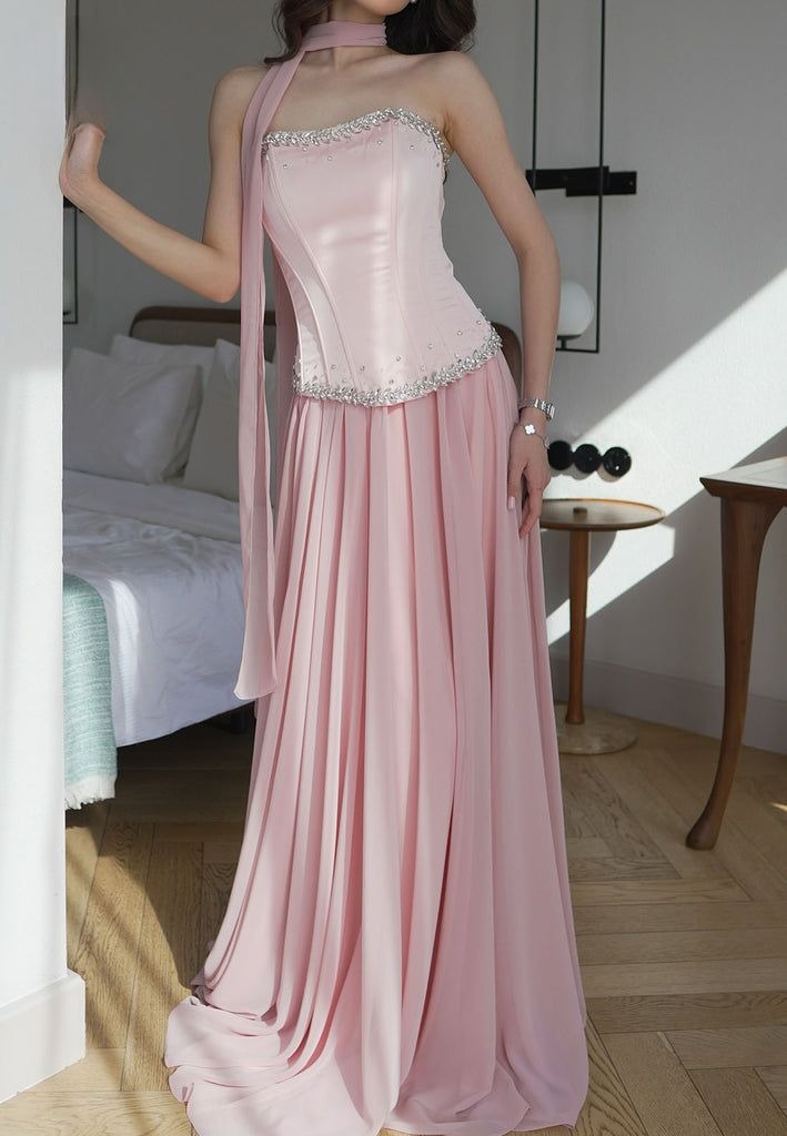 Chic Pink Long Prom Dresses Strapless Sheath Evening Dresses Chiffon Sleeveless Bridesmaid Dresses ED06130