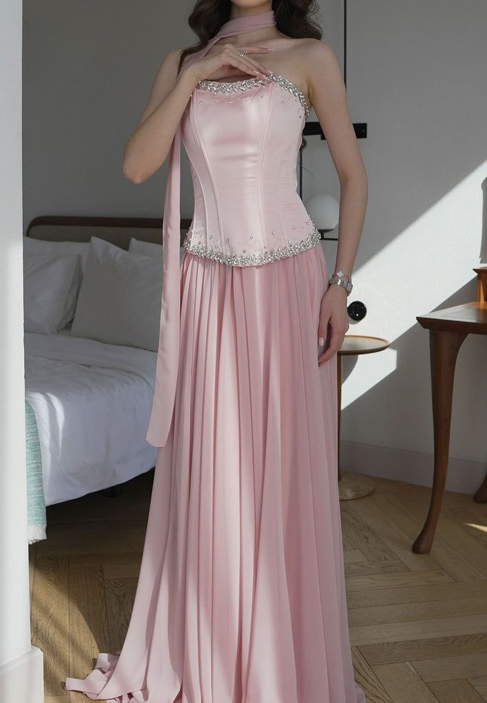 Chic Pink Long Prom Dresses Strapless Sheath Evening Dresses Chiffon Sleeveless Bridesmaid Dresses ED06130