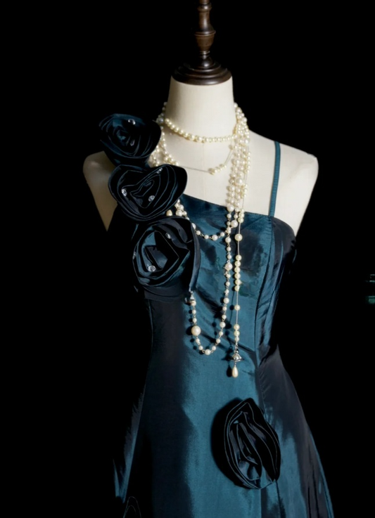 Chic Dark Teal Long Prom Dresses Spaghetti Straps A-Line Evening Dresses Satin Sleeveless Birthday Dresses ED06131