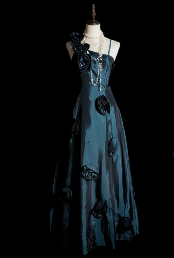 Chic Dark Teal Long Prom Dresses Spaghetti Straps A-Line Evening Dresses Satin Sleeveless Birthday Dresses ED06131