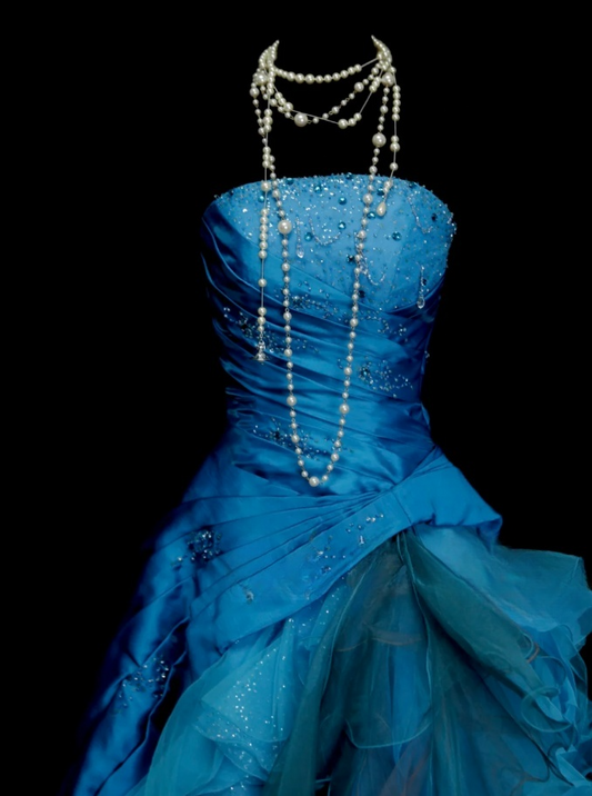 Chic Blue Long Prom Dresses Strapless Ball Gown Evening Dresses Satin Sleeveless Birthday Dresses ED06133