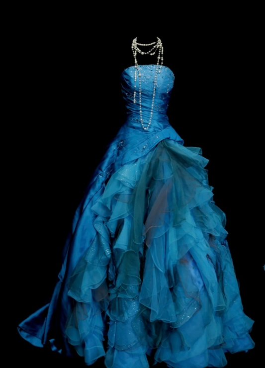 Chic Blue Long Prom Dresses Strapless Ball Gown Evening Dresses Satin Sleeveless Birthday Dresses ED06133