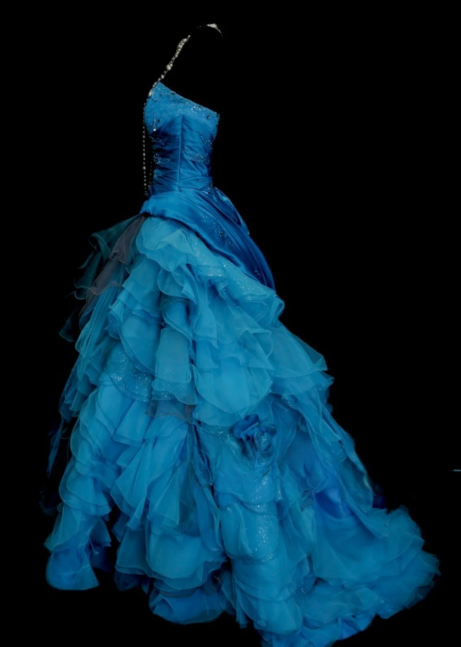 Chic Blue Long Prom Dresses Strapless Ball Gown Evening Dresses Satin Sleeveless Birthday Dresses ED06133