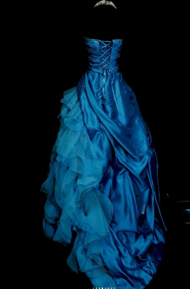 Chic Blue Long Prom Dresses Strapless Ball Gown Evening Dresses Satin Sleeveless Birthday Dresses ED06133