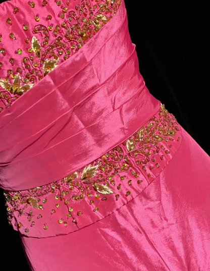 Elegant Hot Pink Long Prom Dresses Strapless Sheath Evening Dresses Satin Sleeveless Birthday Dresses ED06137