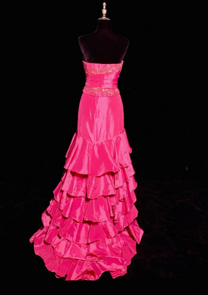 Elegant Hot Pink Long Prom Dresses Strapless Sheath Evening Dresses Satin Sleeveless Birthday Dresses ED06137
