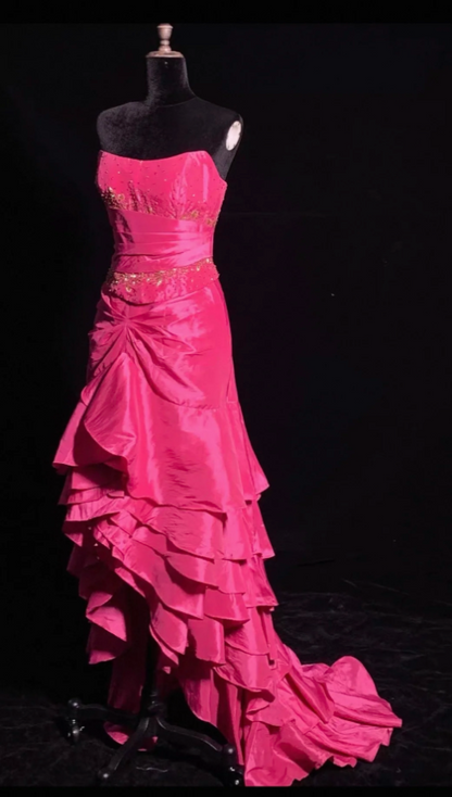 Elegant Hot Pink Long Prom Dresses Strapless Sheath Evening Dresses Satin Sleeveless Birthday Dresses ED06137