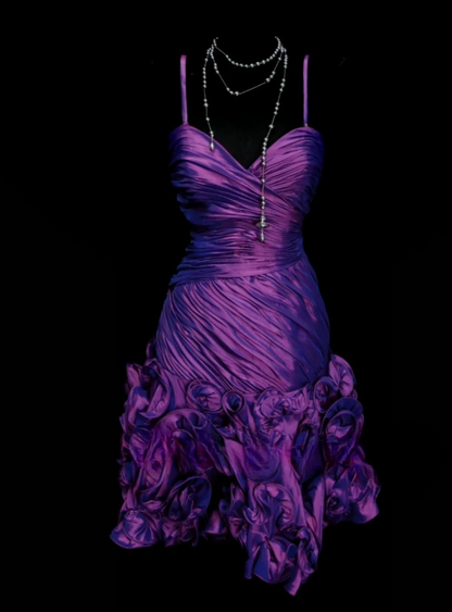 Sexy Purple Short Prom Dresses Spaghetti Straps Sheath Evening Dresses Satin Sleeveless Birthday Dresses ED06138