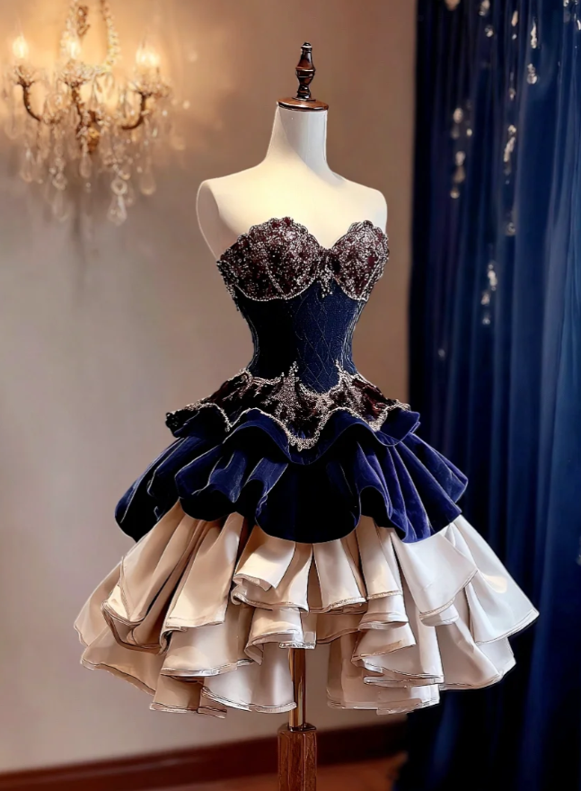 Sexy Navy Blue Short Prom Dresses Sweetheart A-Line Evening Dresses Velvet Sleeveless Birthday Dresses ED06139