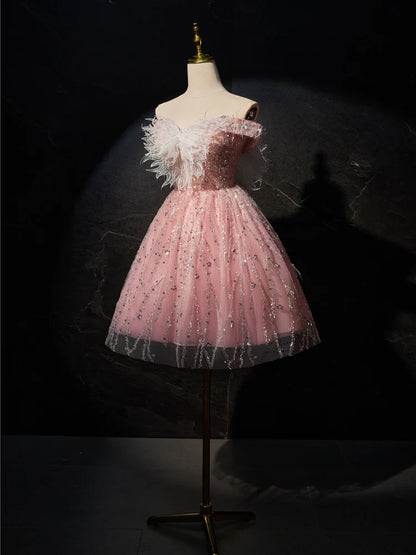 Rosa A-Linie Tüll Spitze kurzes Ballkleid, Rosa Cocktailkleid ED0614