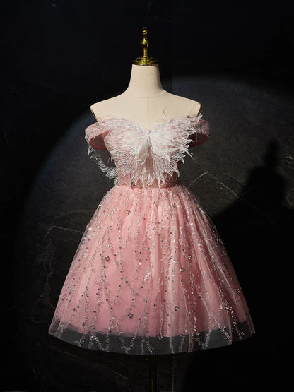 Rosa A-Linie Tüll Spitze kurzes Ballkleid, Rosa Cocktailkleid ED0614