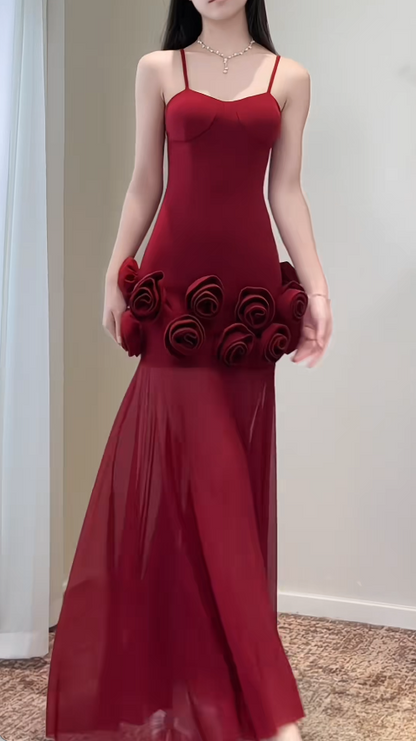 Sexy Burgundy Long Prom Dresses Spaghetti Straps Sheath Evening Dresses Chiffon Sleeveless Birthday Dresses ED06140