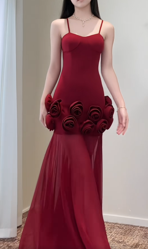 Sexy Burgundy Long Prom Dresses Spaghetti Straps Sheath Evening Dresses Chiffon Sleeveless Birthday Dresses ED06140