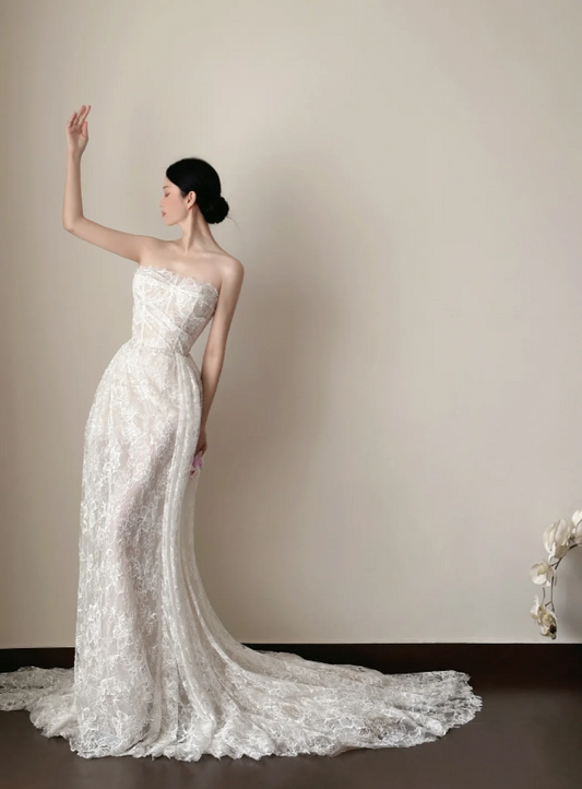 Timeless Sheath Long Wedding Dresses Lace Appliques White Bridal Gowns Strapless Bridal Dresses ED06142