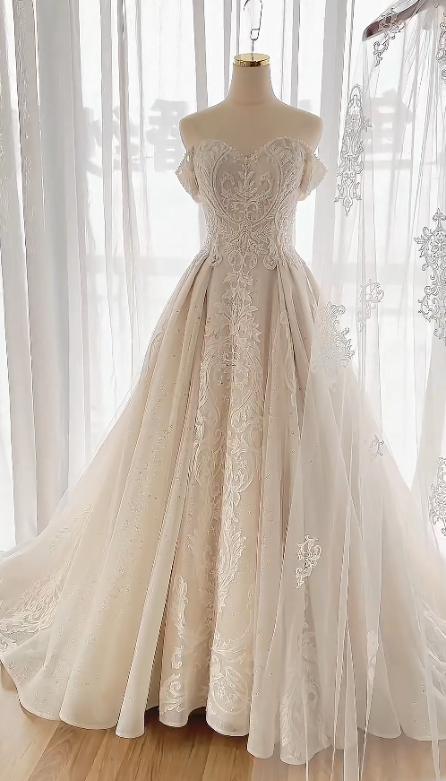 Timeless A-Line Long Wedding Dresses Tulle Beaded White Bridal Gowns Off-shoulder Bridal Dresses ED06144