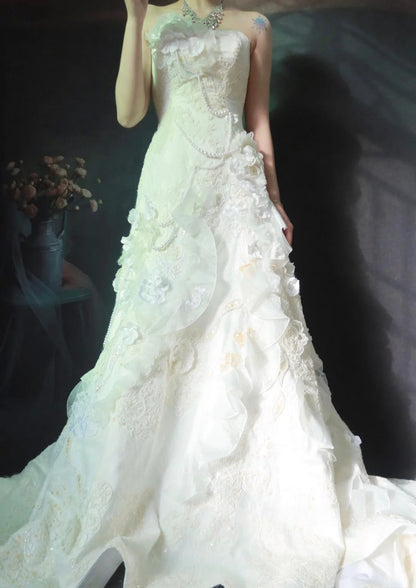 Vintage Sheath Long Wedding Dresses Tulle Applique Beaded White Bridal Gowns Strapless Sleeveless Bridal Dresses ED06146