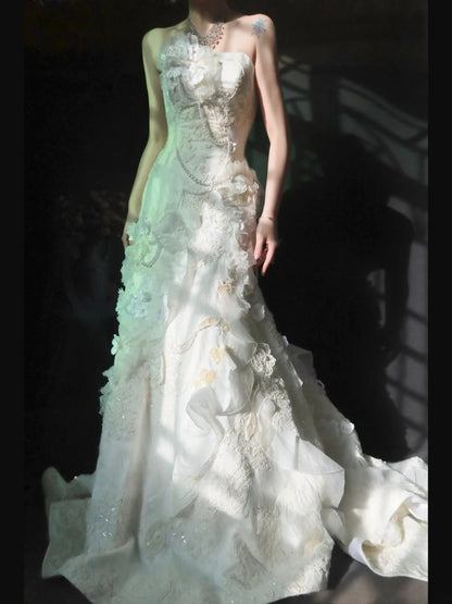 Vintage Sheath Long Wedding Dresses Tulle Applique Beaded White Bridal Gowns Strapless Sleeveless Bridal Dresses ED06146