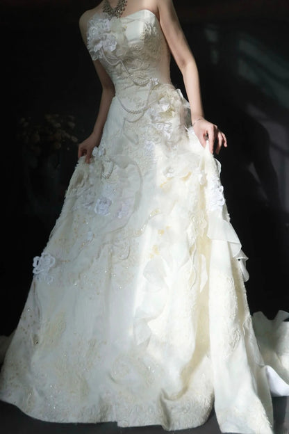 Vintage Sheath Long Wedding Dresses Tulle Applique Beaded White Bridal Gowns Strapless Sleeveless Bridal Dresses ED06146