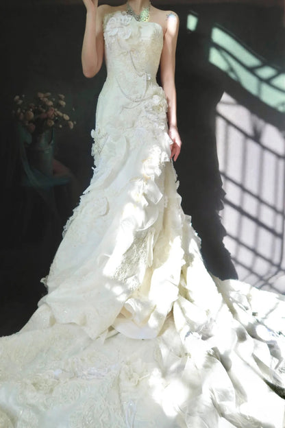 Vintage Sheath Long Wedding Dresses Tulle Applique Beaded White Bridal Gowns Strapless Sleeveless Bridal Dresses ED06146