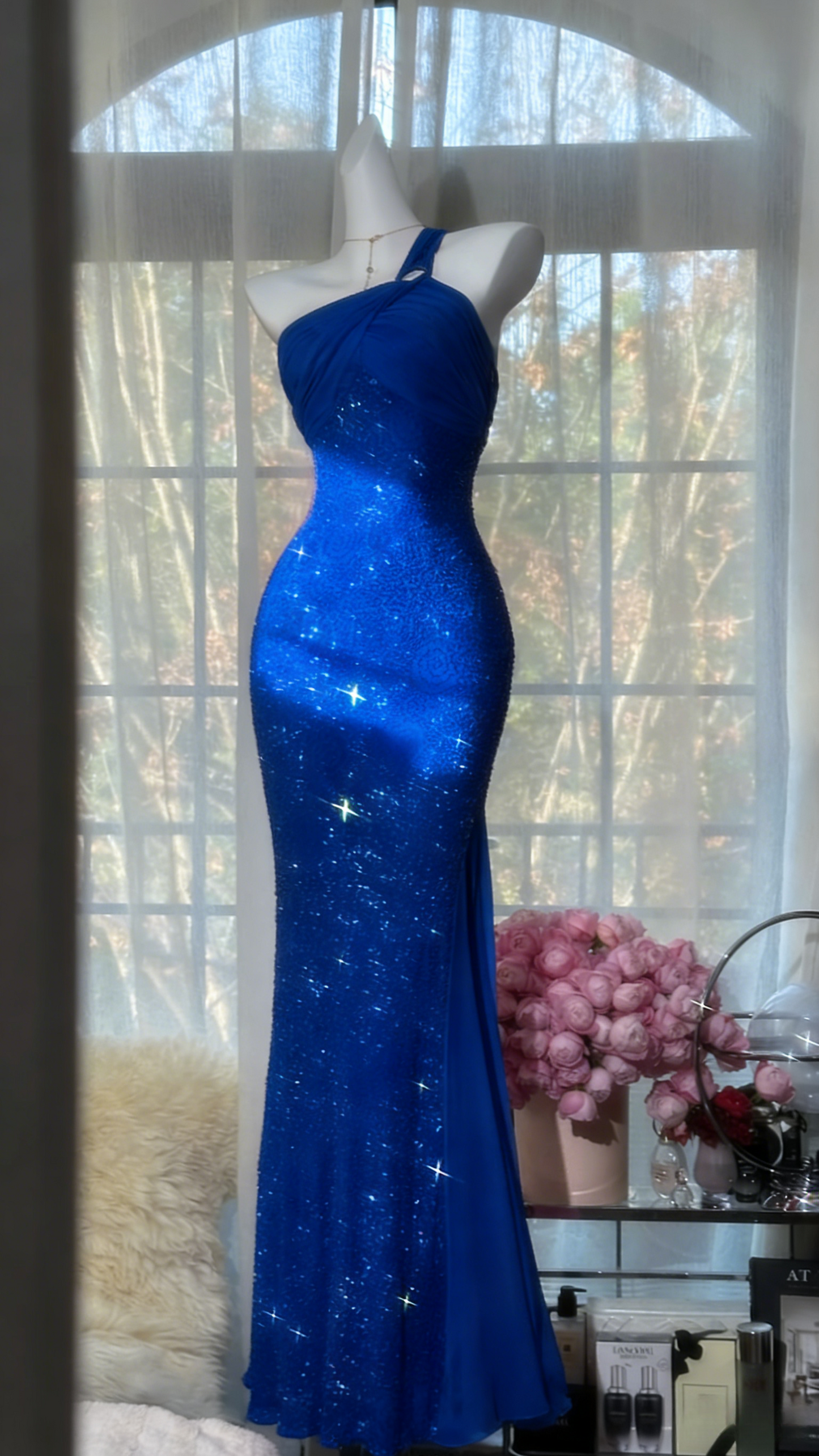 Chic Pink Long Prom Dresses One-shoulder Sheath Evening Dresses Tulle Beaded Birthay Dresses ED06147