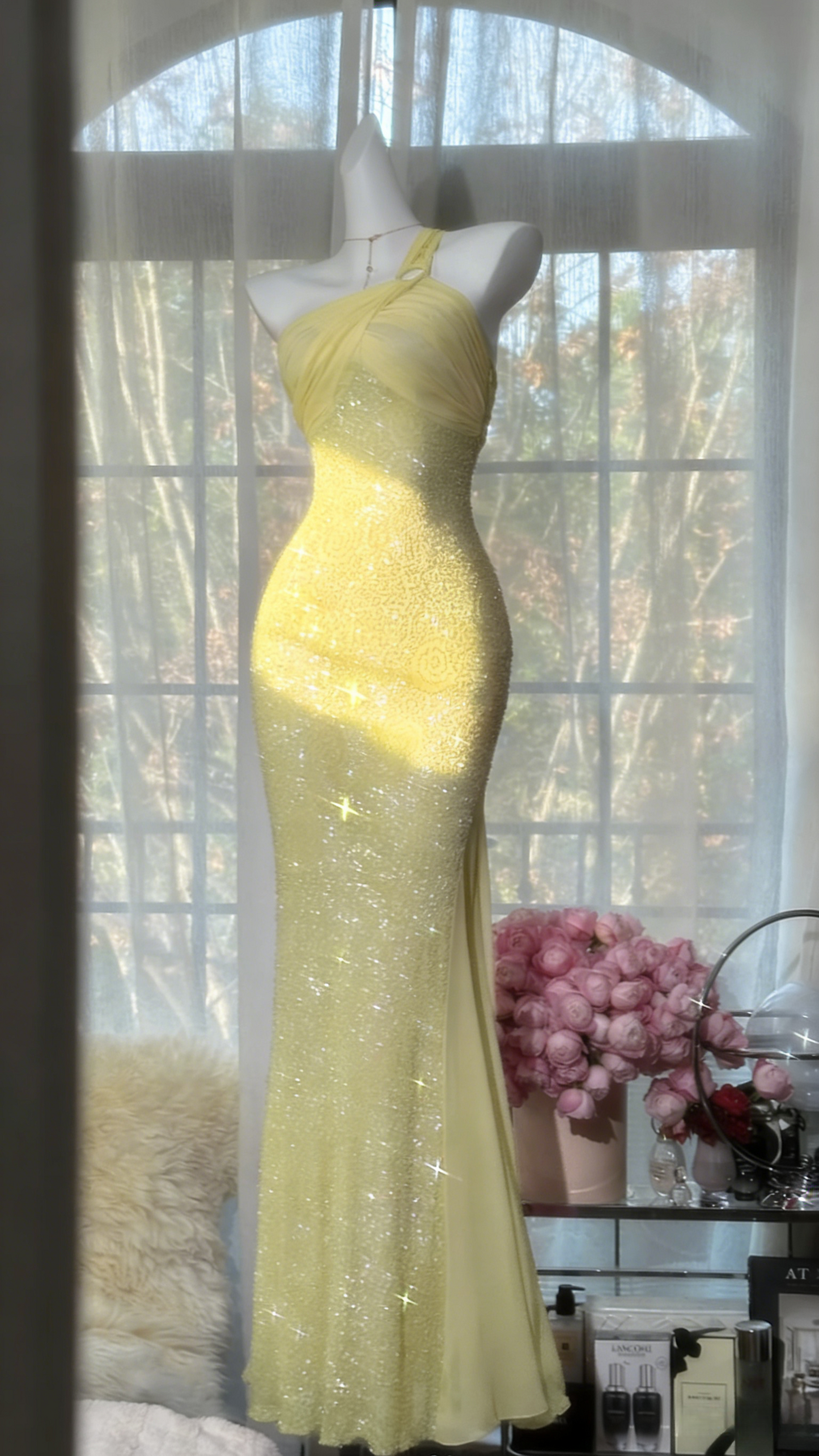 Chic Pink Long Prom Dresses One-shoulder Sheath Evening Dresses Tulle Beaded Birthay Dresses ED06147