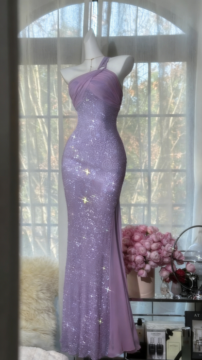 Chic Pink Long Prom Dresses One-shoulder Sheath Evening Dresses Tulle Beaded Birthay Dresses ED06147