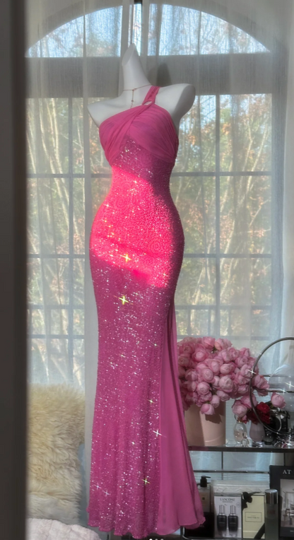 Chic Pink Long Prom Dresses One-shoulder Sheath Evening Dresses Tulle Beaded Birthay Dresses ED06147