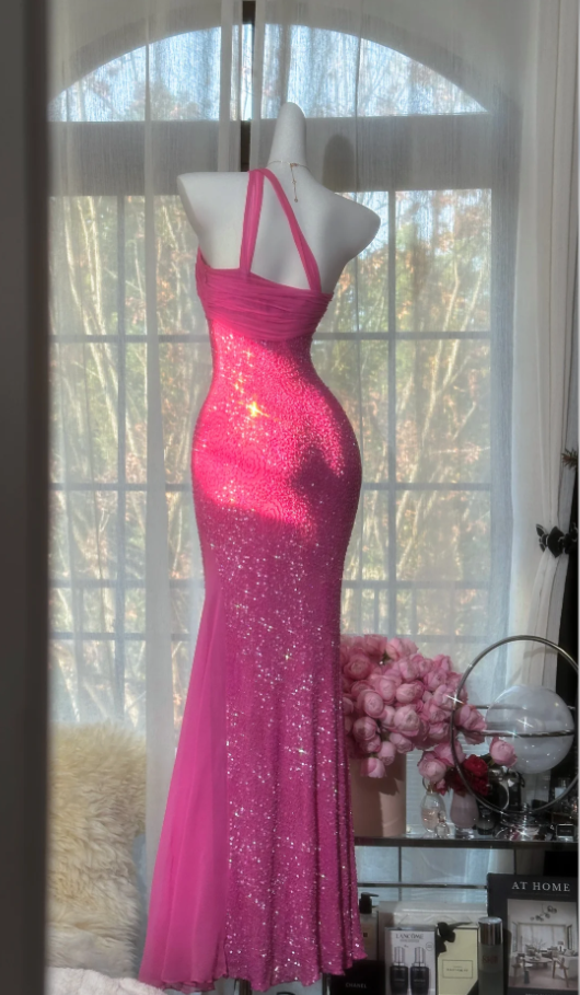Chic Pink Long Prom Dresses One-shoulder Sheath Evening Dresses Tulle Beaded Birthay Dresses ED06147